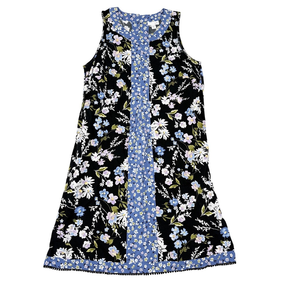 J Jill Dress Sz Small Petite Black Blue Floral Sleeveless Shift Heirloom Daisies - Picture 2 of 9